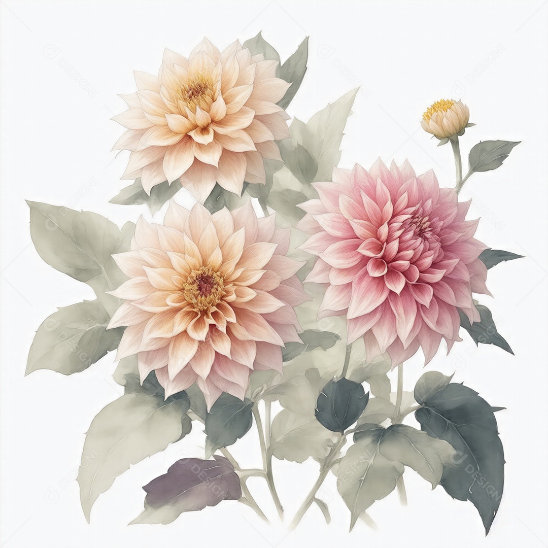 Ilustração de flores dália em estilo aquarela sobre fundo branco