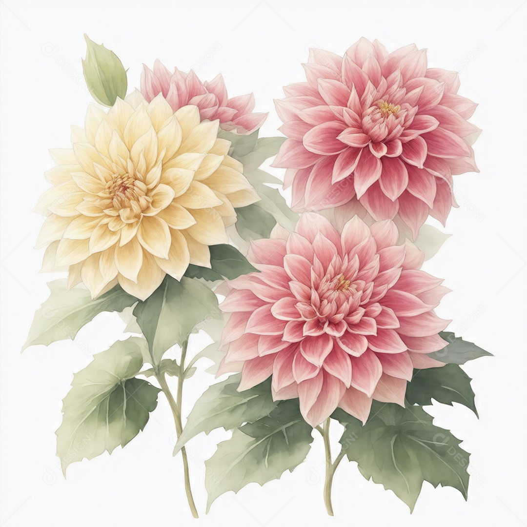 Ilustração de flores dália em estilo aquarela sobre fundo branco