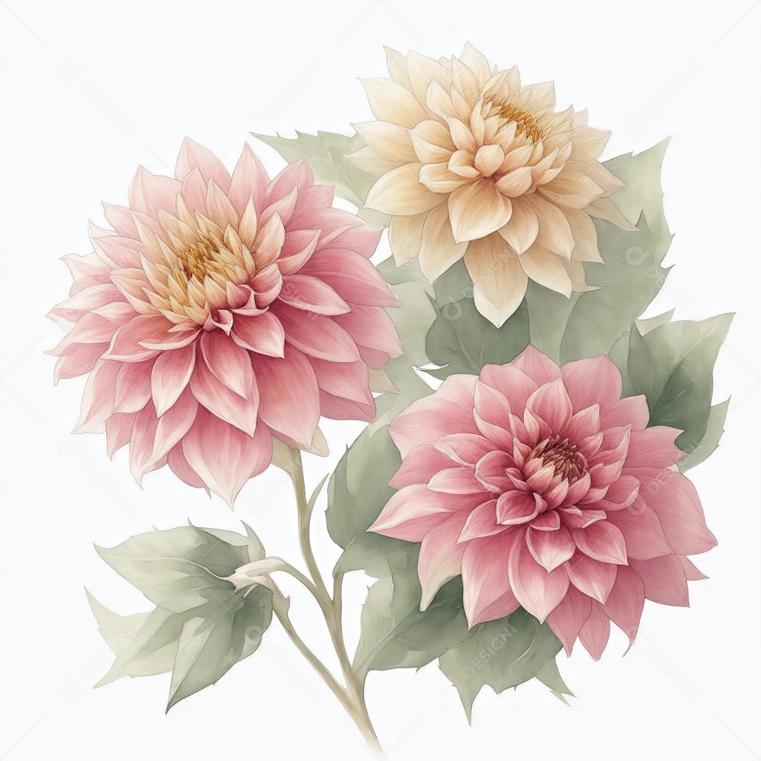 Ilustração de flores dália em estilo aquarela sobre fundo branco