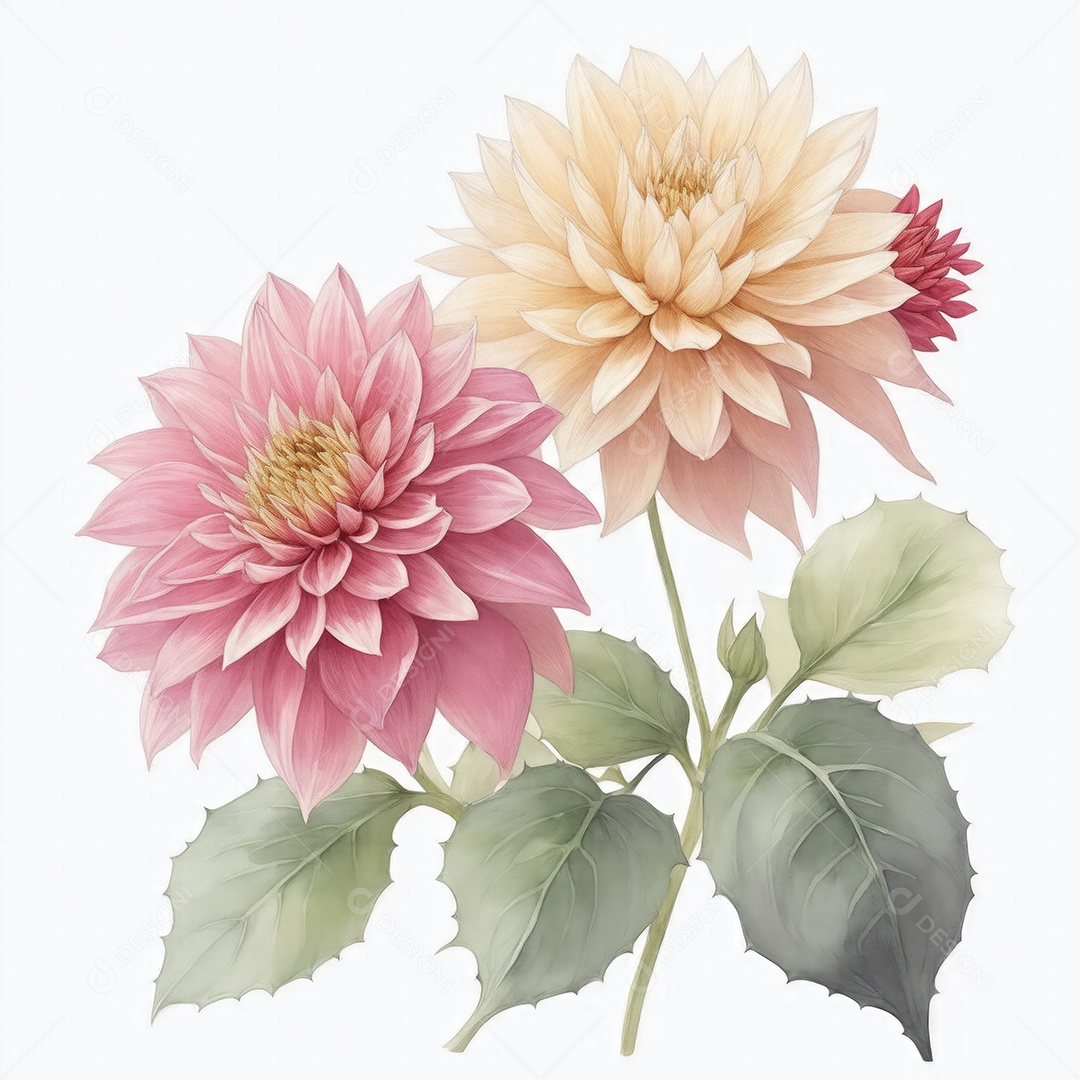 Ilustração de flores dália em estilo aquarela sobre fundo branco