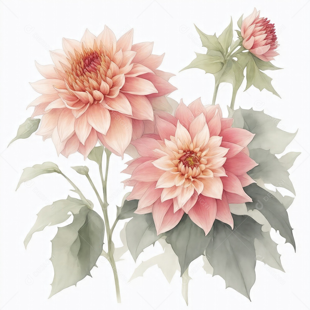 Ilustração de flores dália em estilo aquarela sobre fundo branco