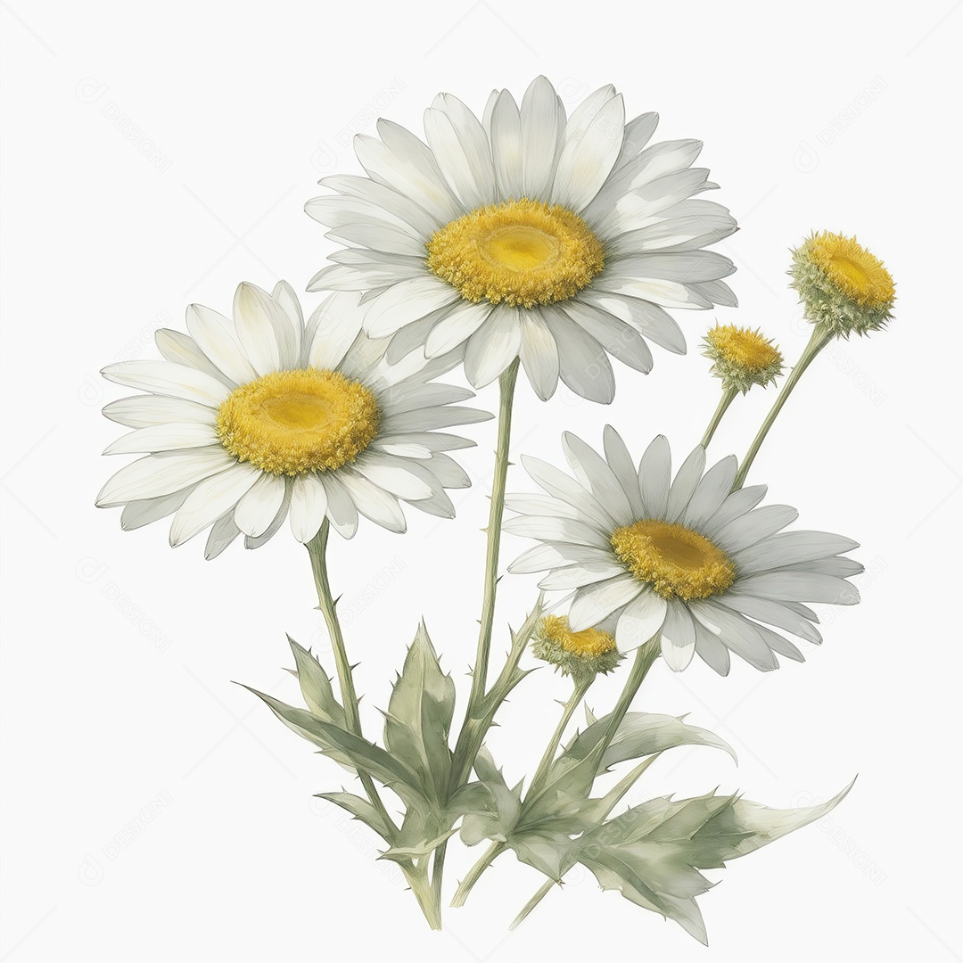 Ilustração de flores margaridas em estilo aquarela sobre fundo branco