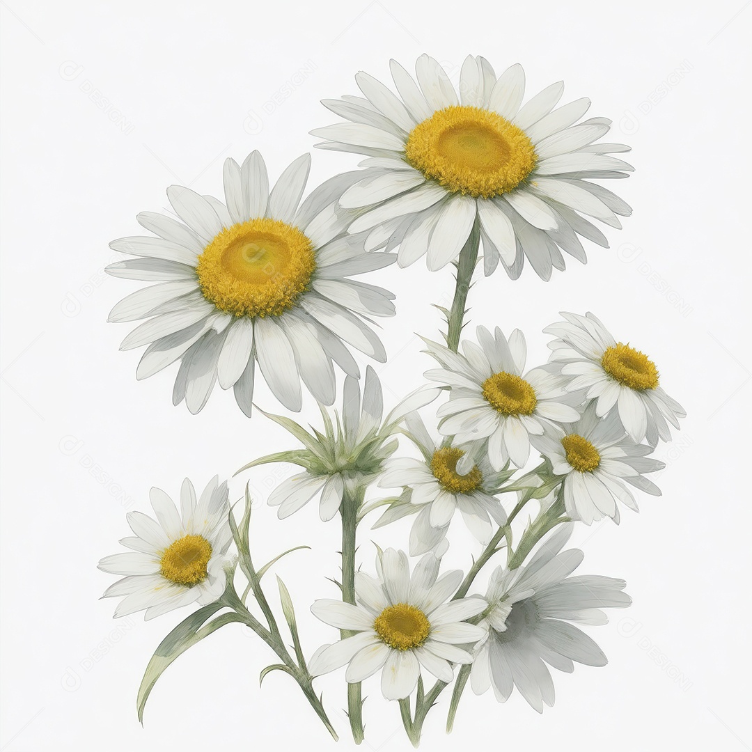 Ilustração de flores margaridas em estilo aquarela sobre fundo branco