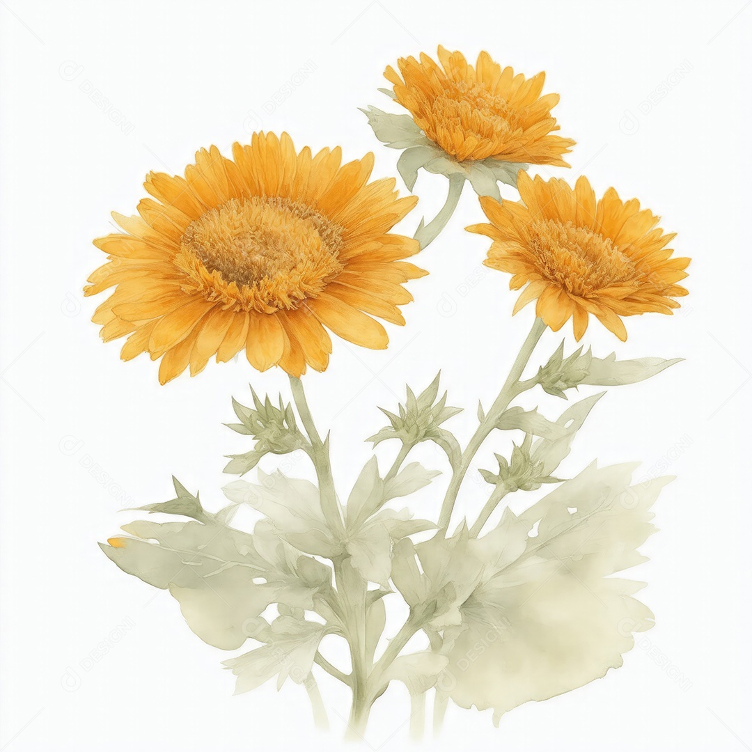 Ilustração de flores de calêndula em estilo aquarela sobre fundo branco