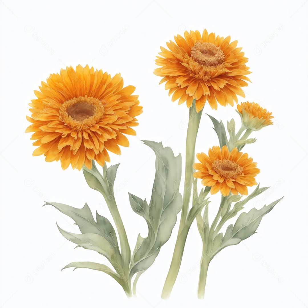 Ilustração de flores de calêndula em estilo aquarela sobre fundo branco