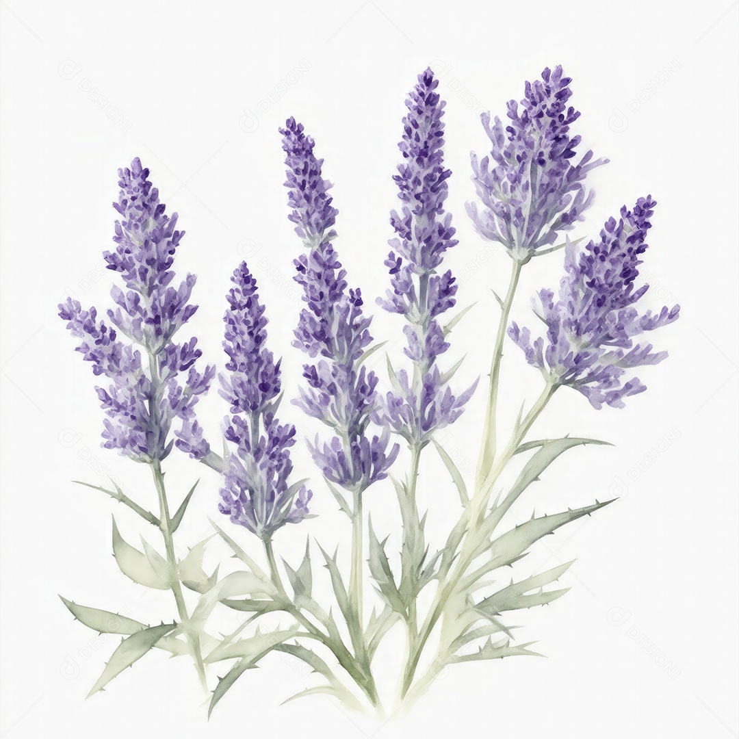 Ilustração de flores de lavanda em estilo aquarela sobre fundo branco