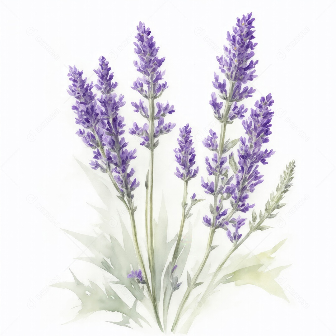 Ilustração de flores de lavanda em estilo aquarela sobre fundo branco