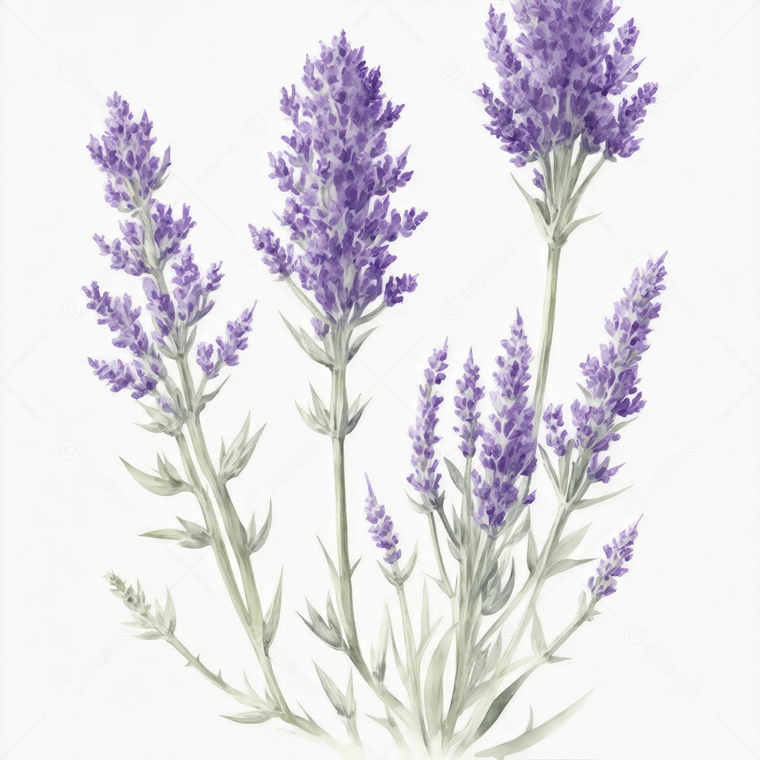 Ilustração de flores de lavanda em estilo aquarela sobre fundo branco