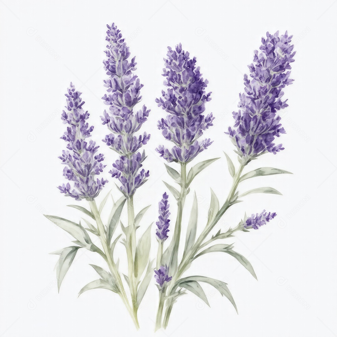 Ilustração de flores de lavanda em estilo aquarela sobre fundo branco