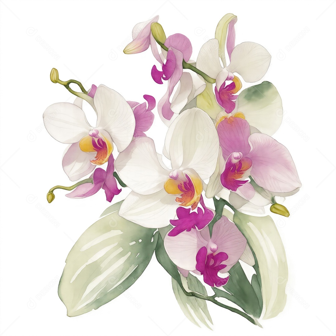 Ilustração de flores de orquídea em estilo aquarela sobre fundo branco