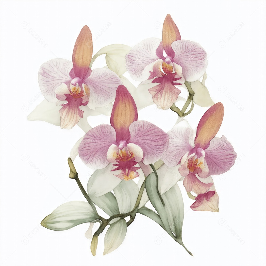 Ilustração de flores de orquídea em estilo aquarela sobre fundo branco