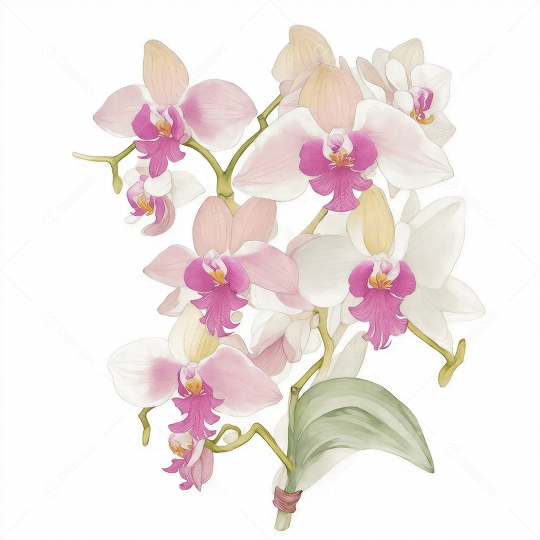 Ilustração de flores de orquídea em estilo aquarela sobre fundo branco