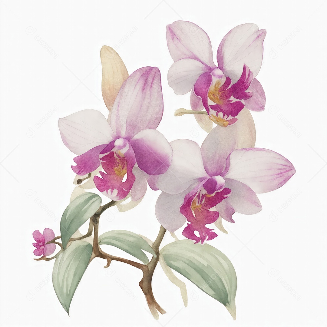 Ilustração de flores de orquídea em estilo aquarela sobre fundo branco