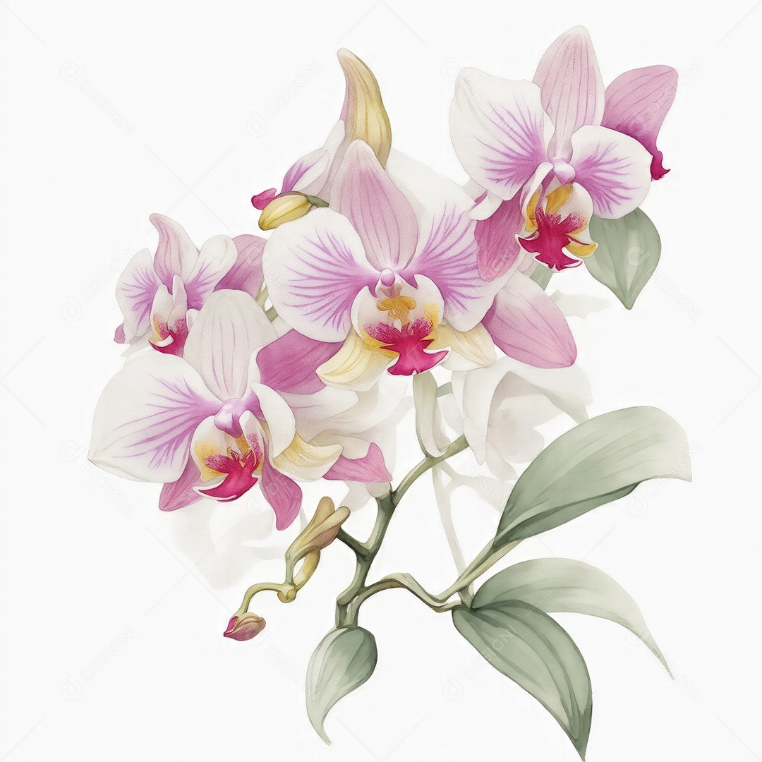 Ilustração de flores de orquídea em estilo aquarela sobre fundo branco