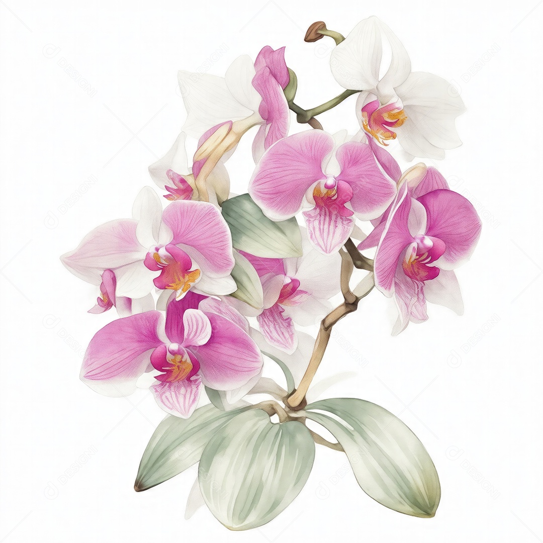 Ilustração de flores de orquídea em estilo aquarela sobre fundo branco