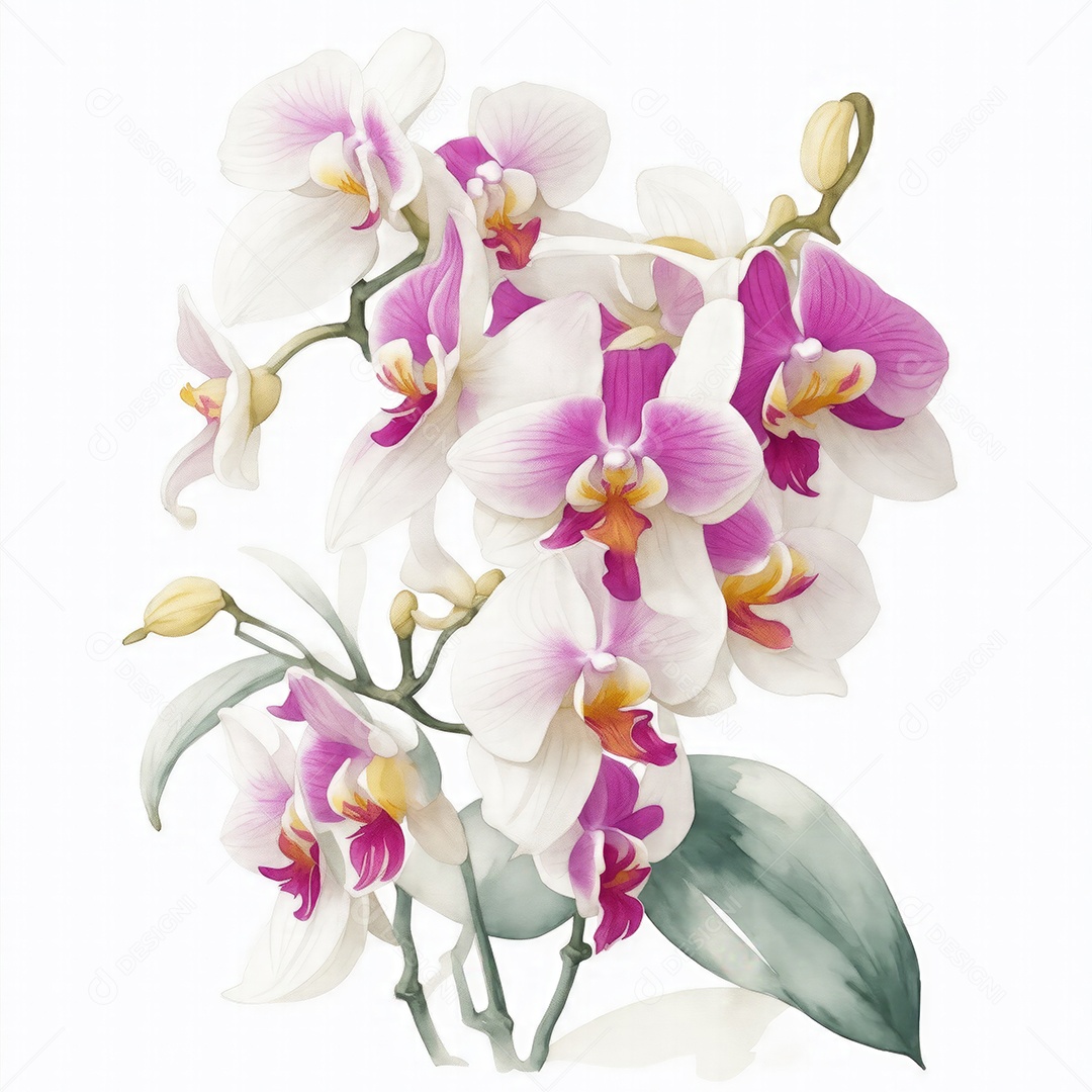 Ilustração de flores de orquídea em estilo aquarela sobre fundo branco