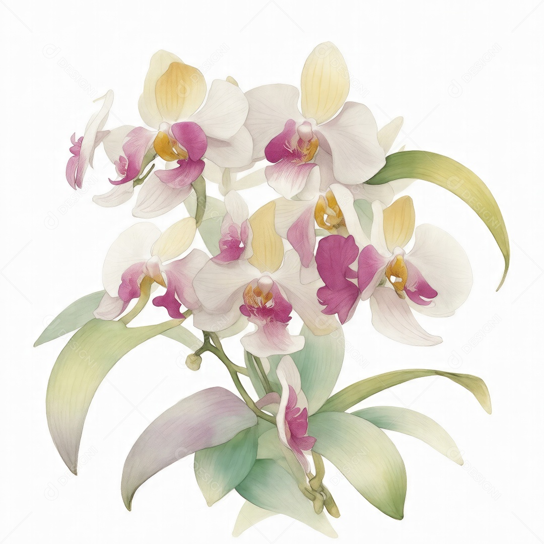 Ilustração de flores de orquídea em estilo aquarela sobre fundo branco