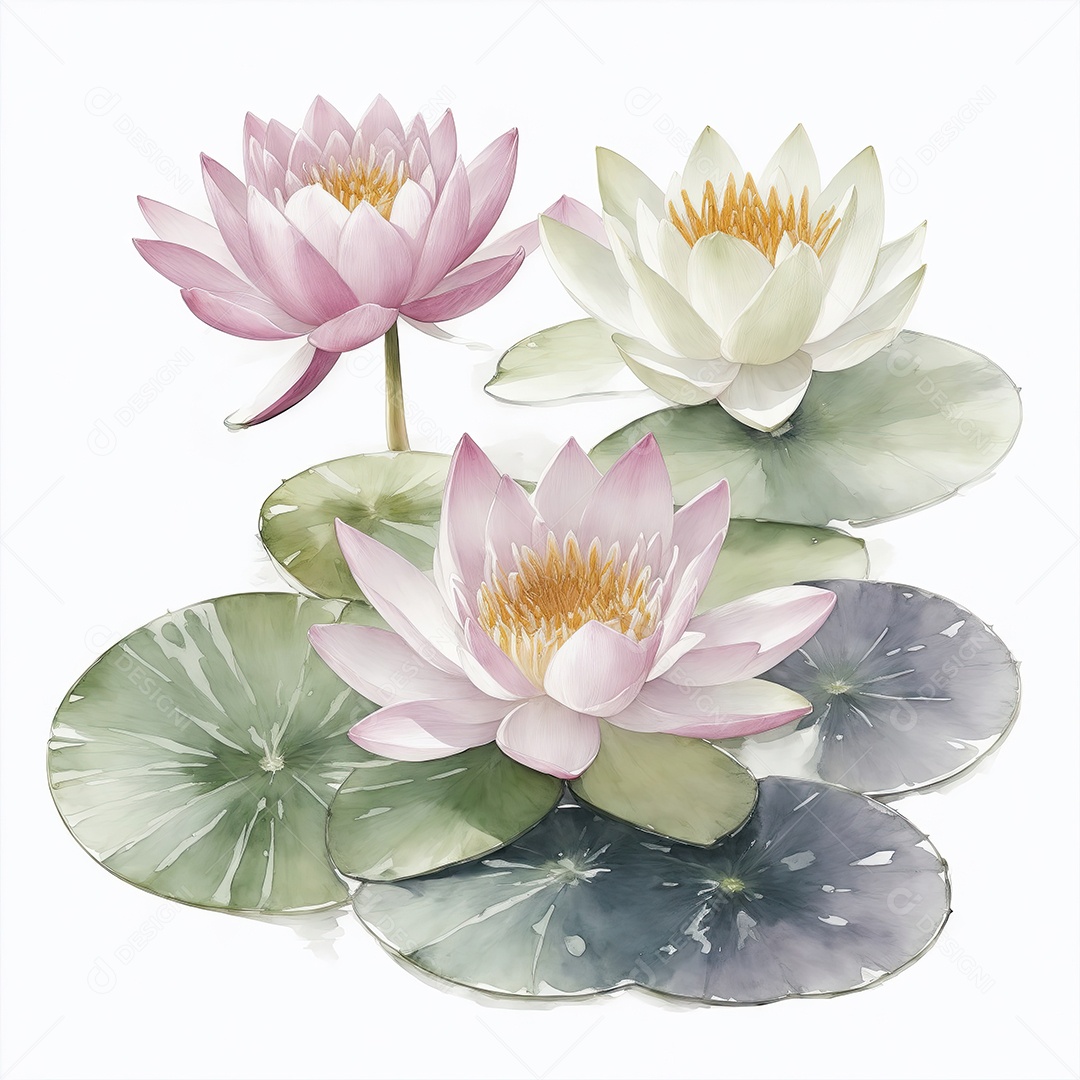 Ilustração de flores de nenúfar no estilo aquarela sobre fundo branco