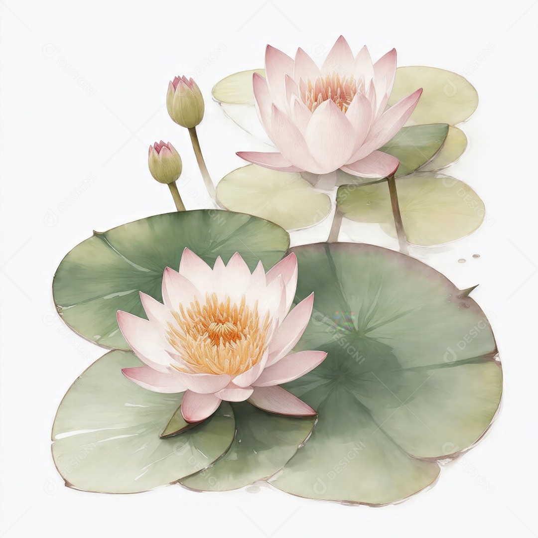 Ilustração de flores de nenúfar no estilo aquarela sobre fundo branco