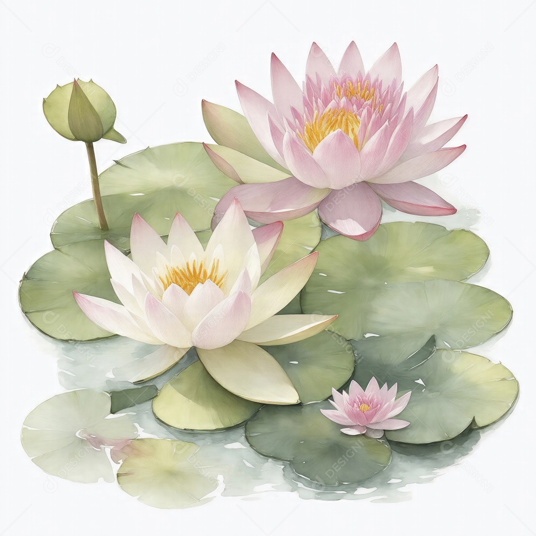 Ilustração de flores de nenúfar no estilo aquarela sobre fundo branco