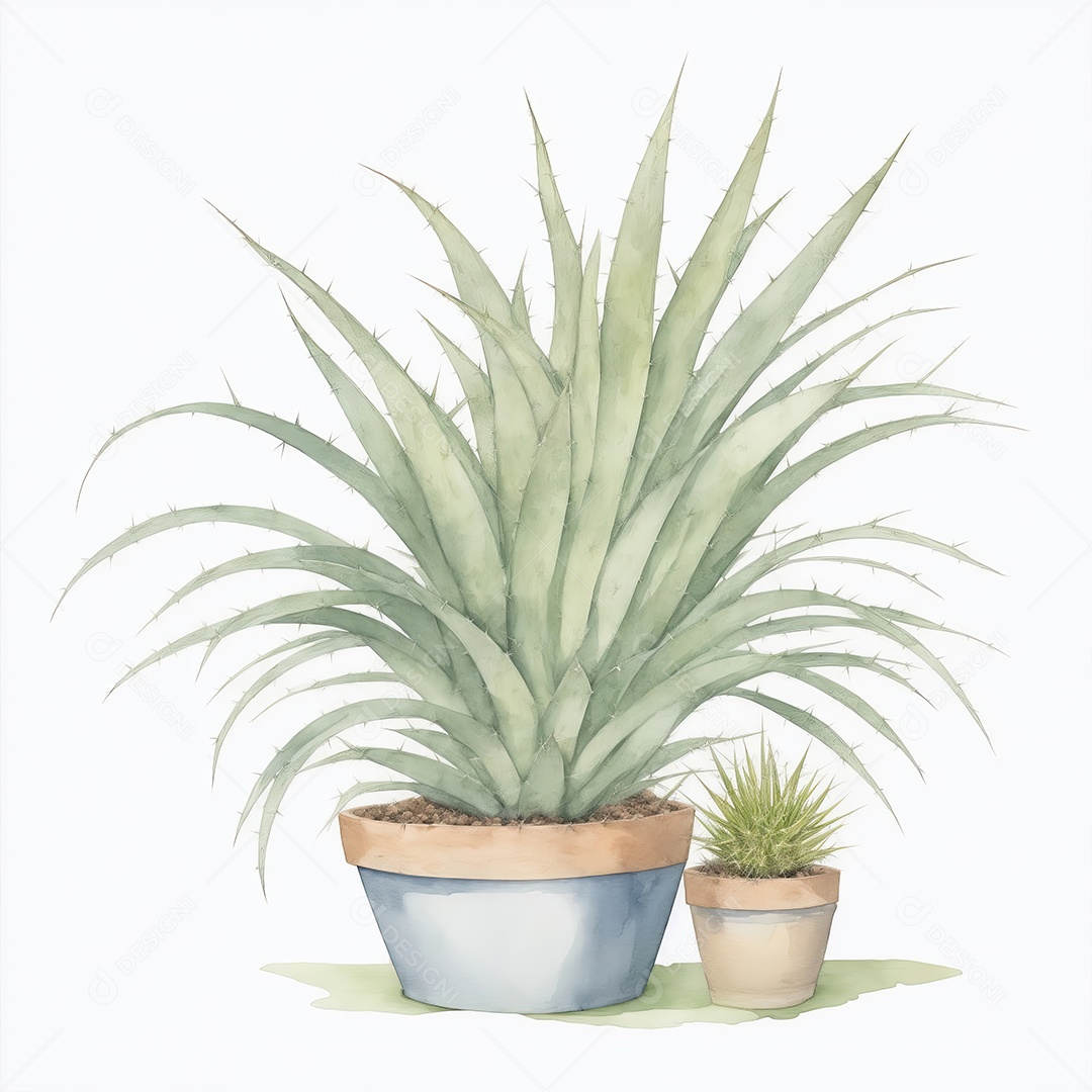 Plantas de yucca na panela aquarela sobre fundo branco