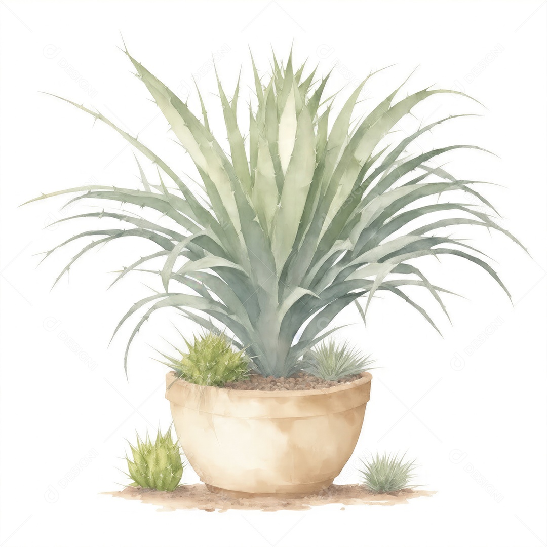 Plantas de yucca na panela aquarela sobre fundo branco