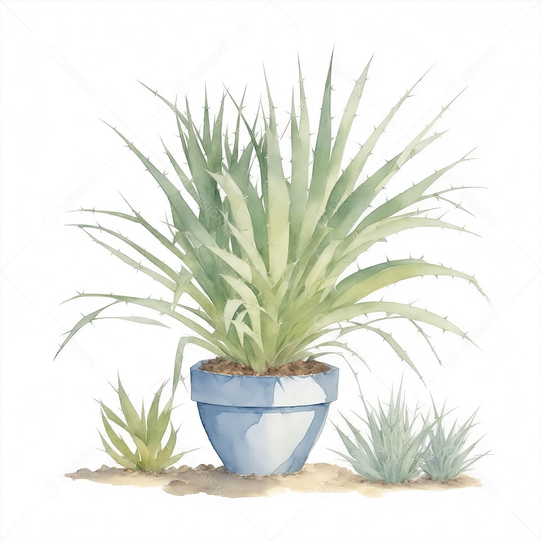 Plantas de yucca na panela aquarela sobre fundo branco