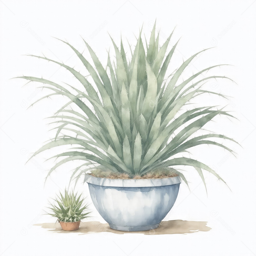 Plantas de yucca na panela aquarela sobre fundo branco