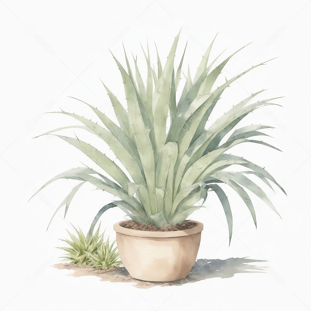 Plantas de yucca na panela aquarela sobre fundo branco