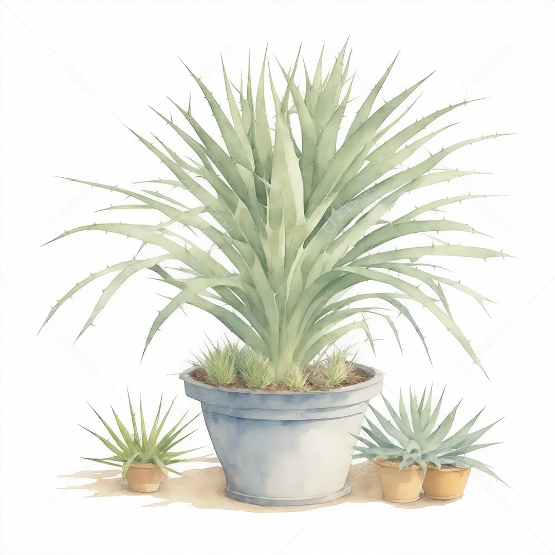 Plantas de yucca na panela aquarela sobre fundo branco