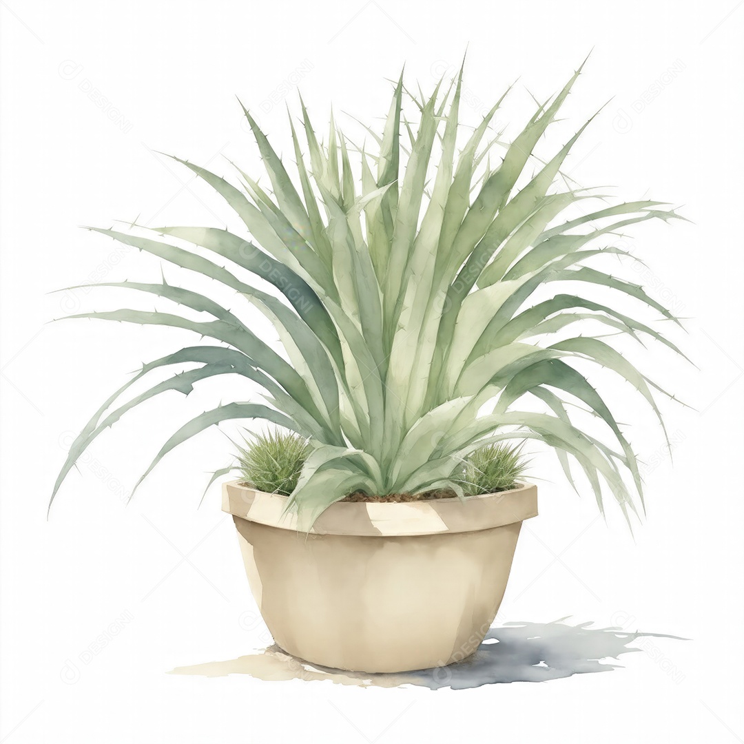 Plantas de yucca na panela aquarela sobre fundo branco