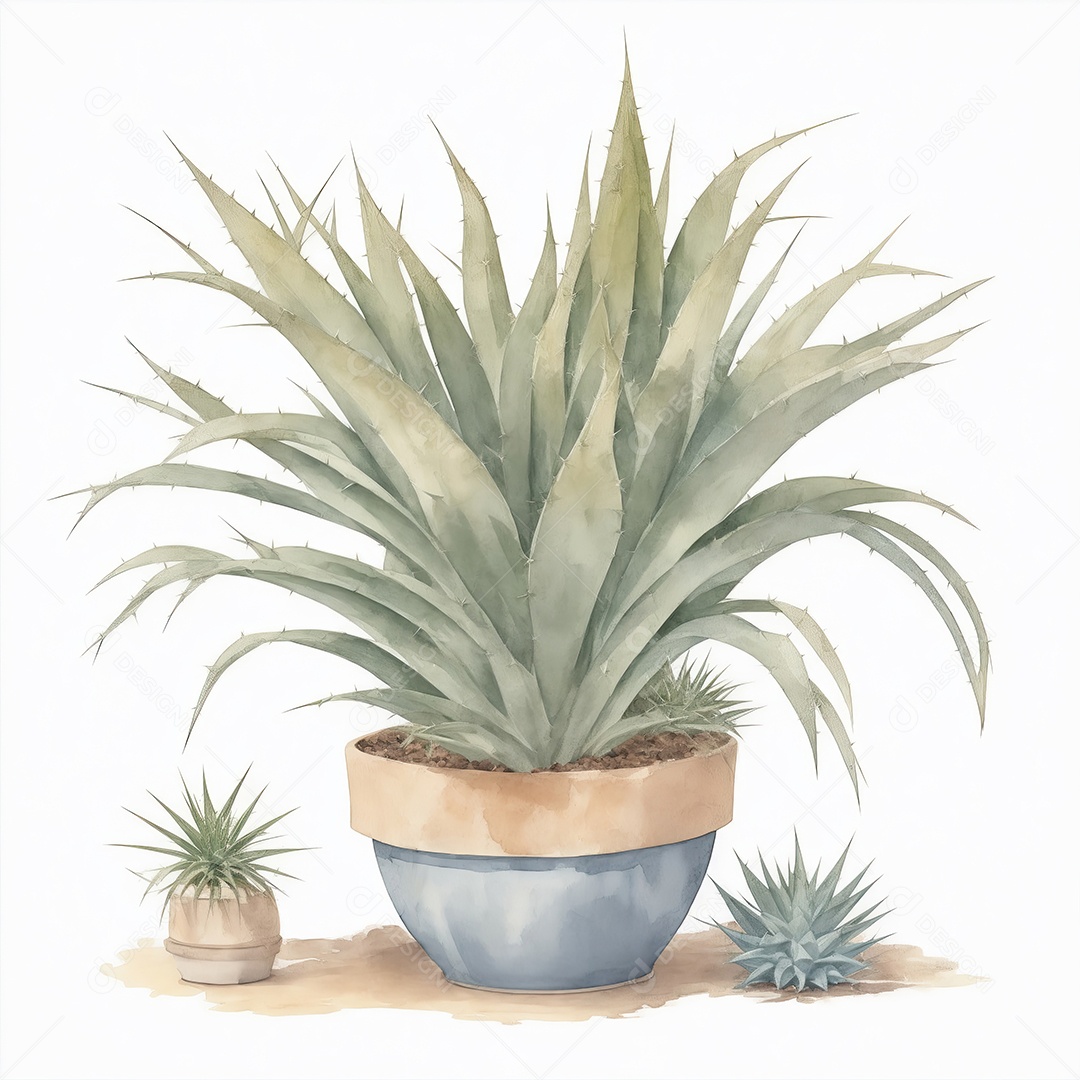 Plantas de yucca na panela aquarela sobre fundo branco