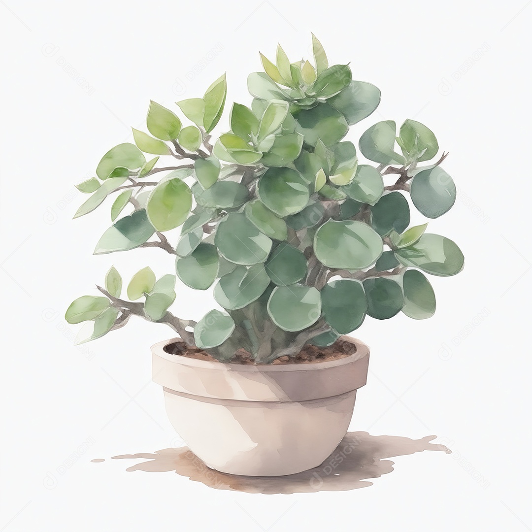 Planta de jade em aquarela po sobre fundo branco