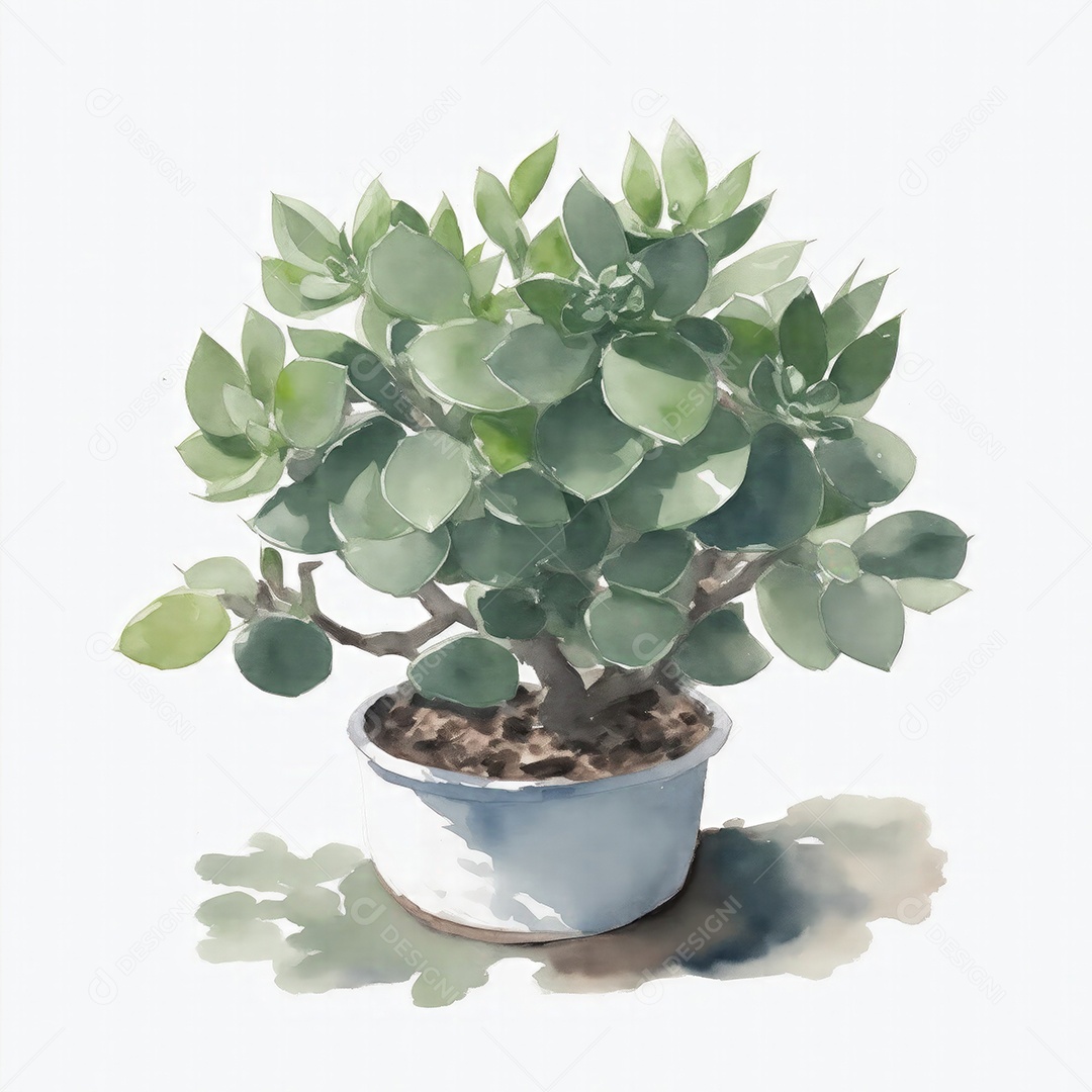 Planta de jade em aquarela po sobre fundo branco