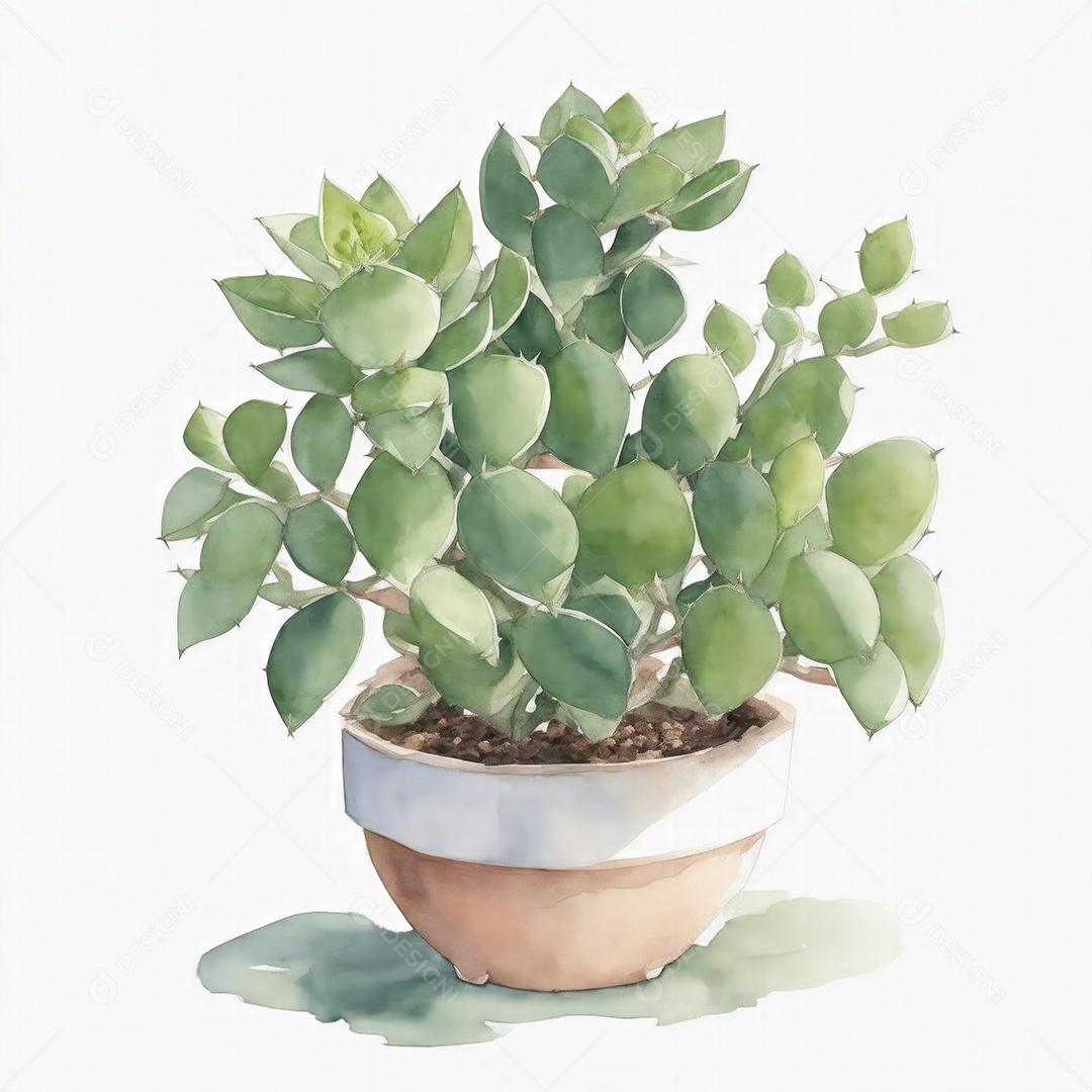 Planta de jade em aquarela po sobre fundo branco