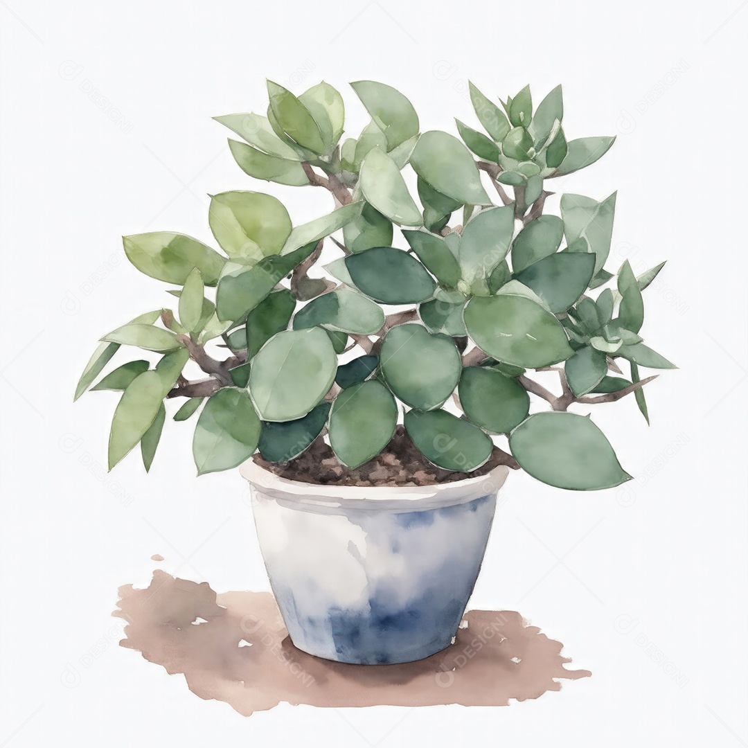 Planta de jade em aquarela po sobre fundo branco