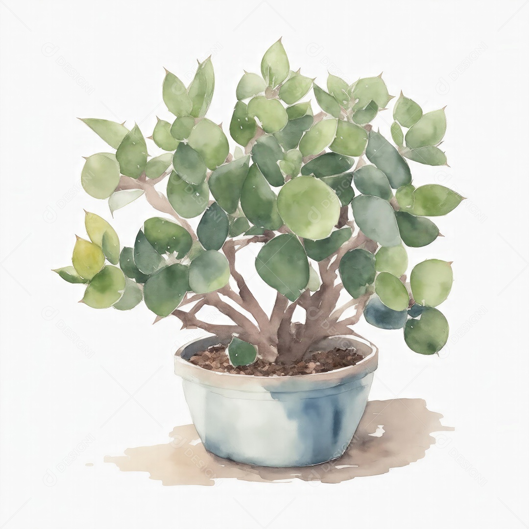 Planta de jade em aquarela po sobre fundo branco