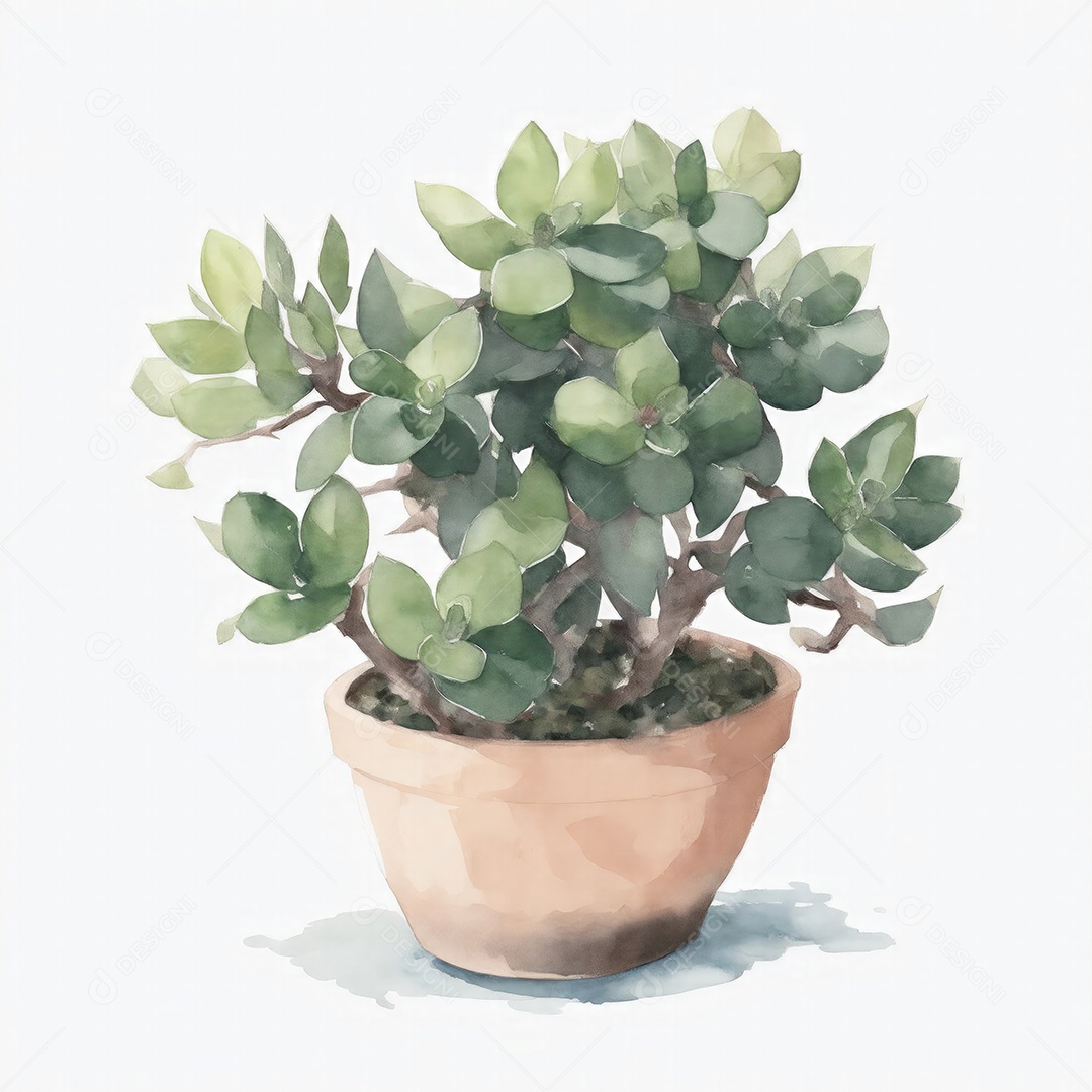 Planta de jade em aquarela po sobre fundo branco