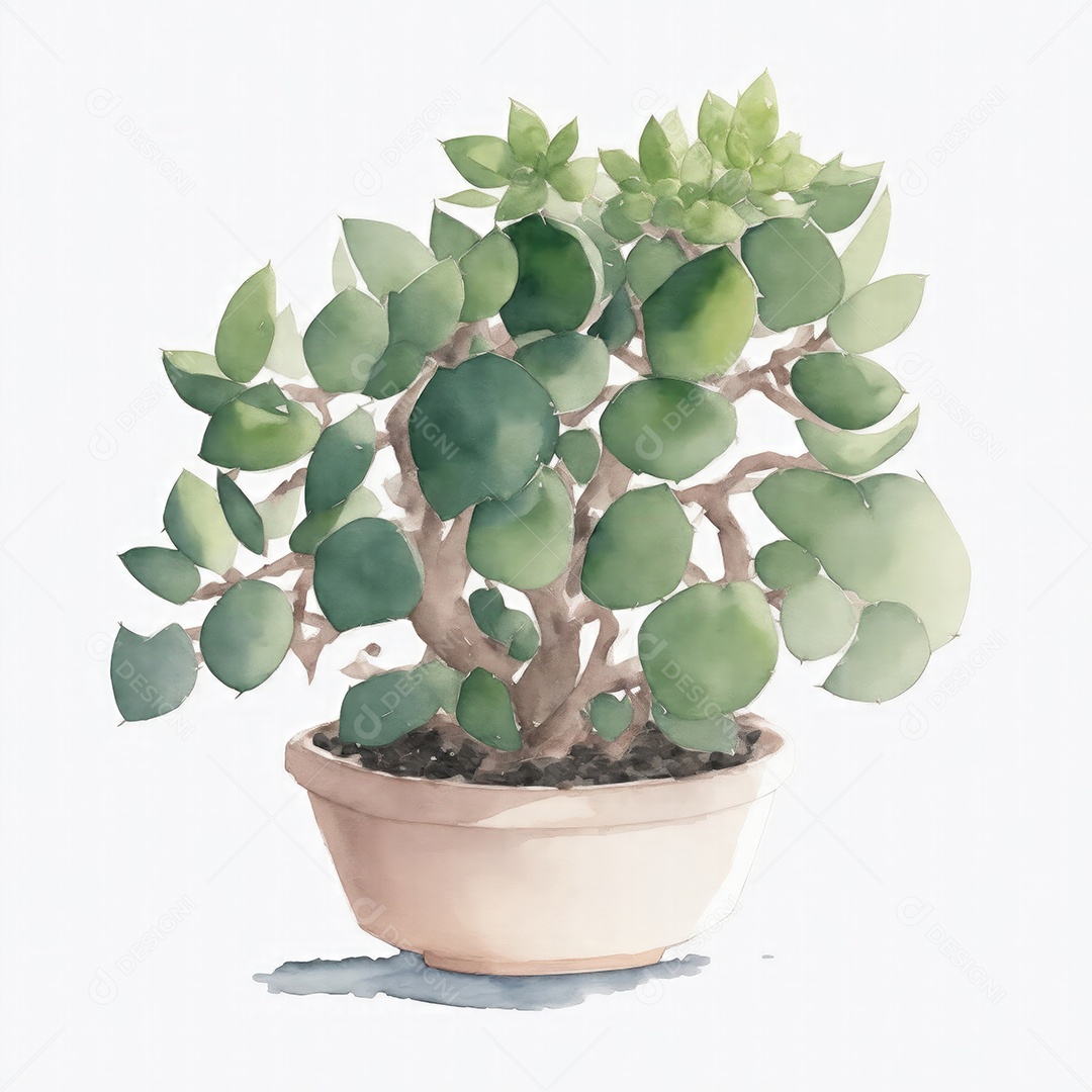 Planta de jade em aquarela po sobre fundo branco