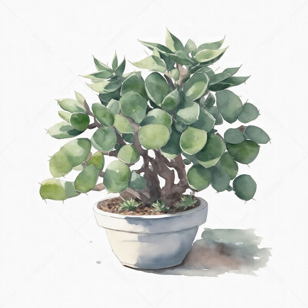 Planta de jade em aquarela po sobre fundo branco