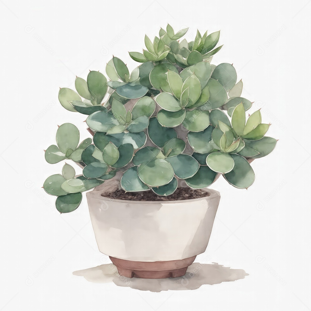 Planta de jade em aquarela po sobre fundo branco