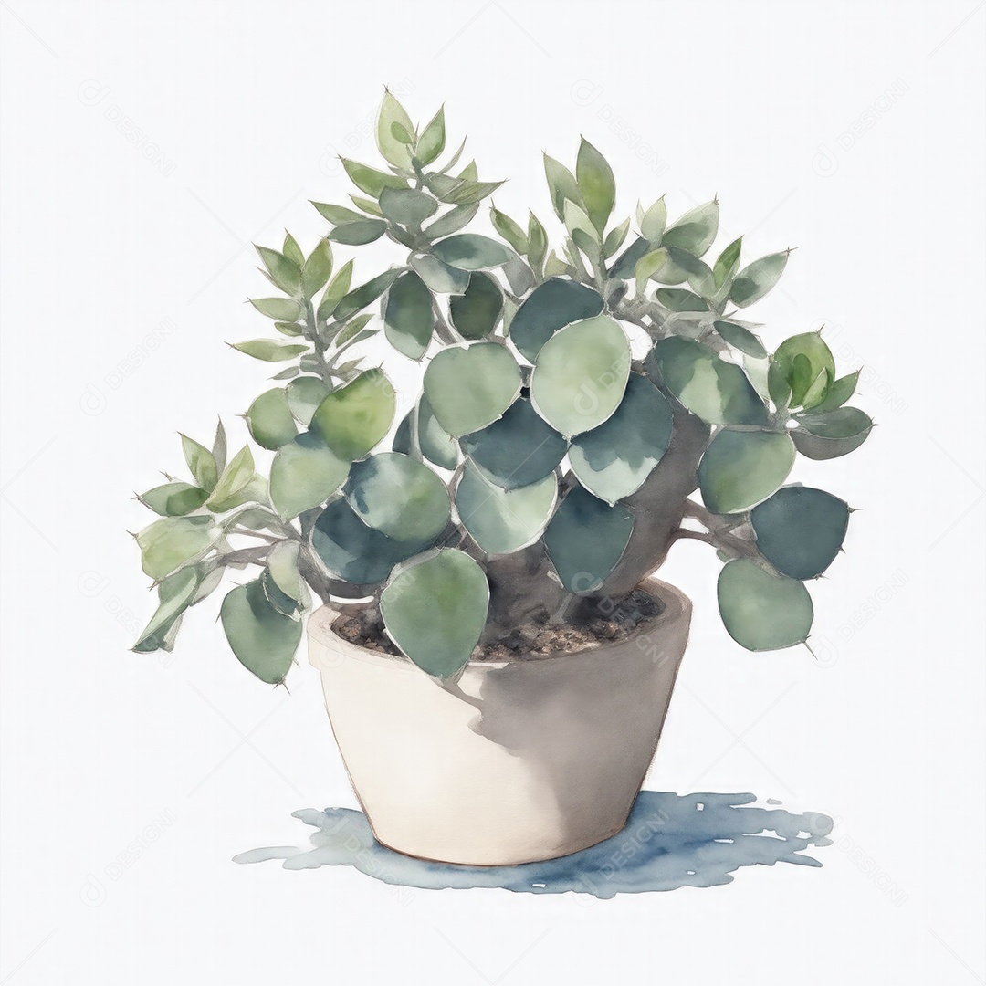 Planta de jade em aquarela po sobre fundo branco