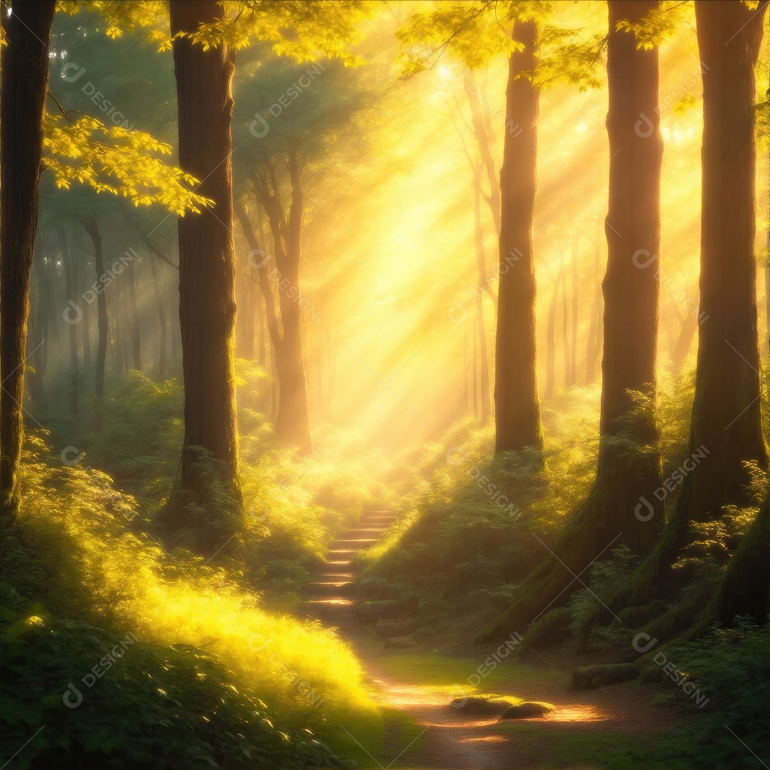 Uma floresta exuberante repleta de árvores diversas e coloridas luz solar dourada