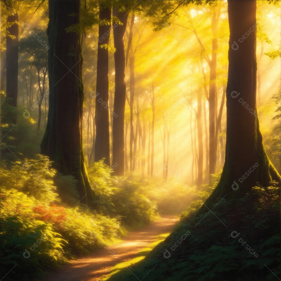 Uma floresta exuberante repleta de árvores diversas e coloridas luz solar dourada