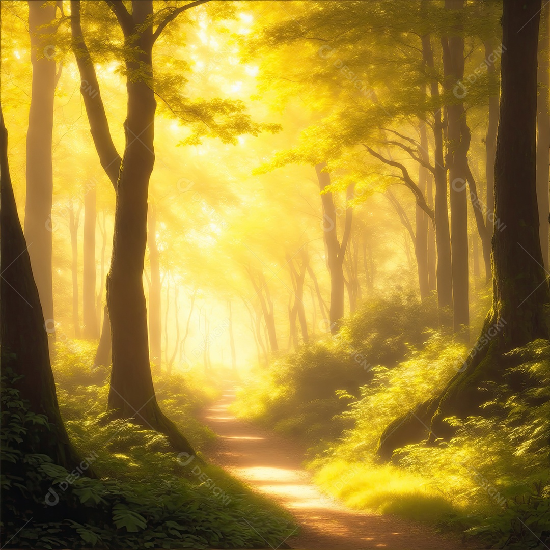 Uma floresta exuberante repleta de árvores diversas e coloridas luz solar dourada