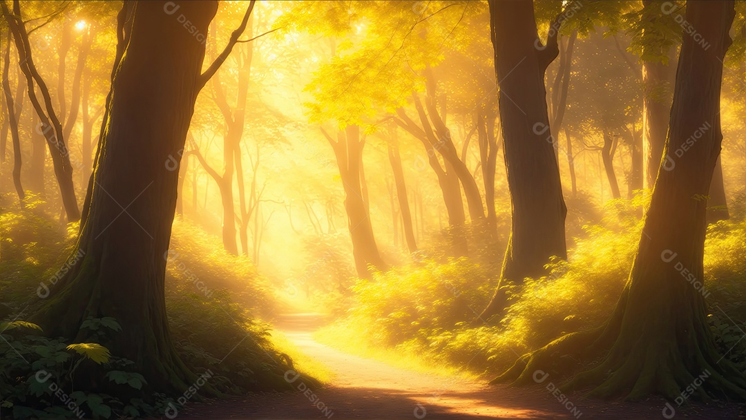 Uma floresta exuberante repleta de árvores diversas e coloridas luz solar dourada