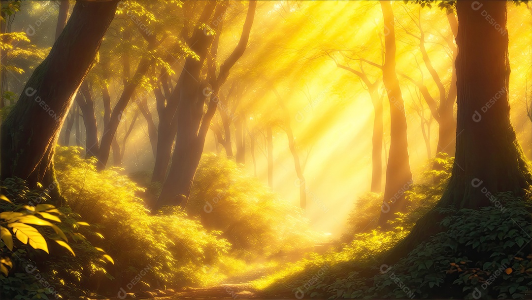 Uma floresta exuberante repleta de árvores diversas e coloridas luz solar dourada