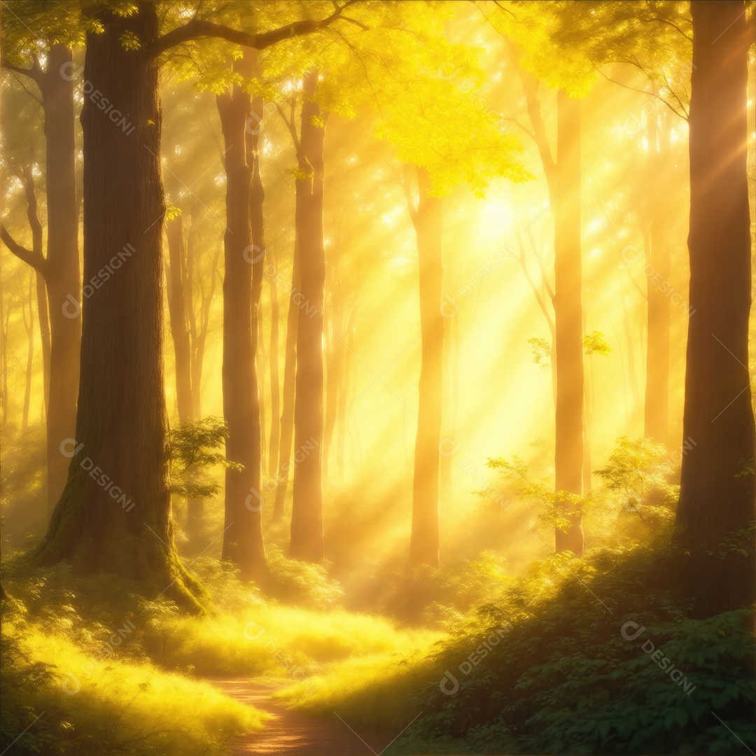 Uma floresta exuberante repleta de árvores diversas e coloridas luz solar dourada