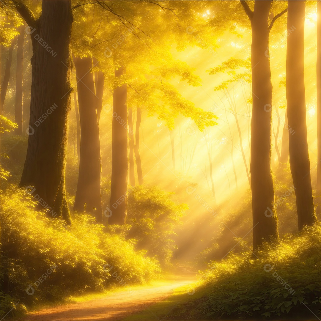 Uma floresta exuberante repleta de árvores diversas e coloridas luz solar dourada