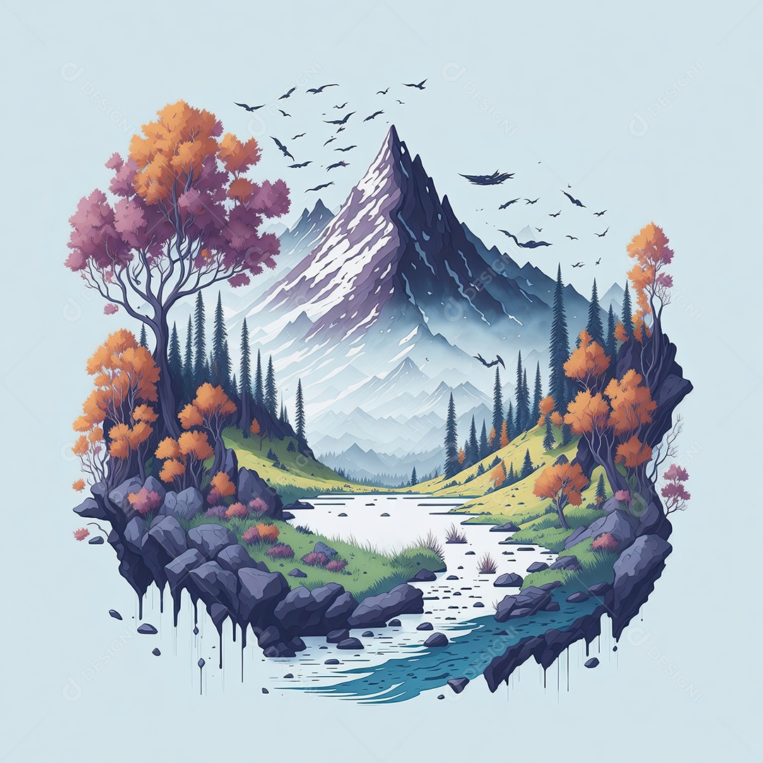 Ilustração aquarela de paisagem colorida com fundo branco